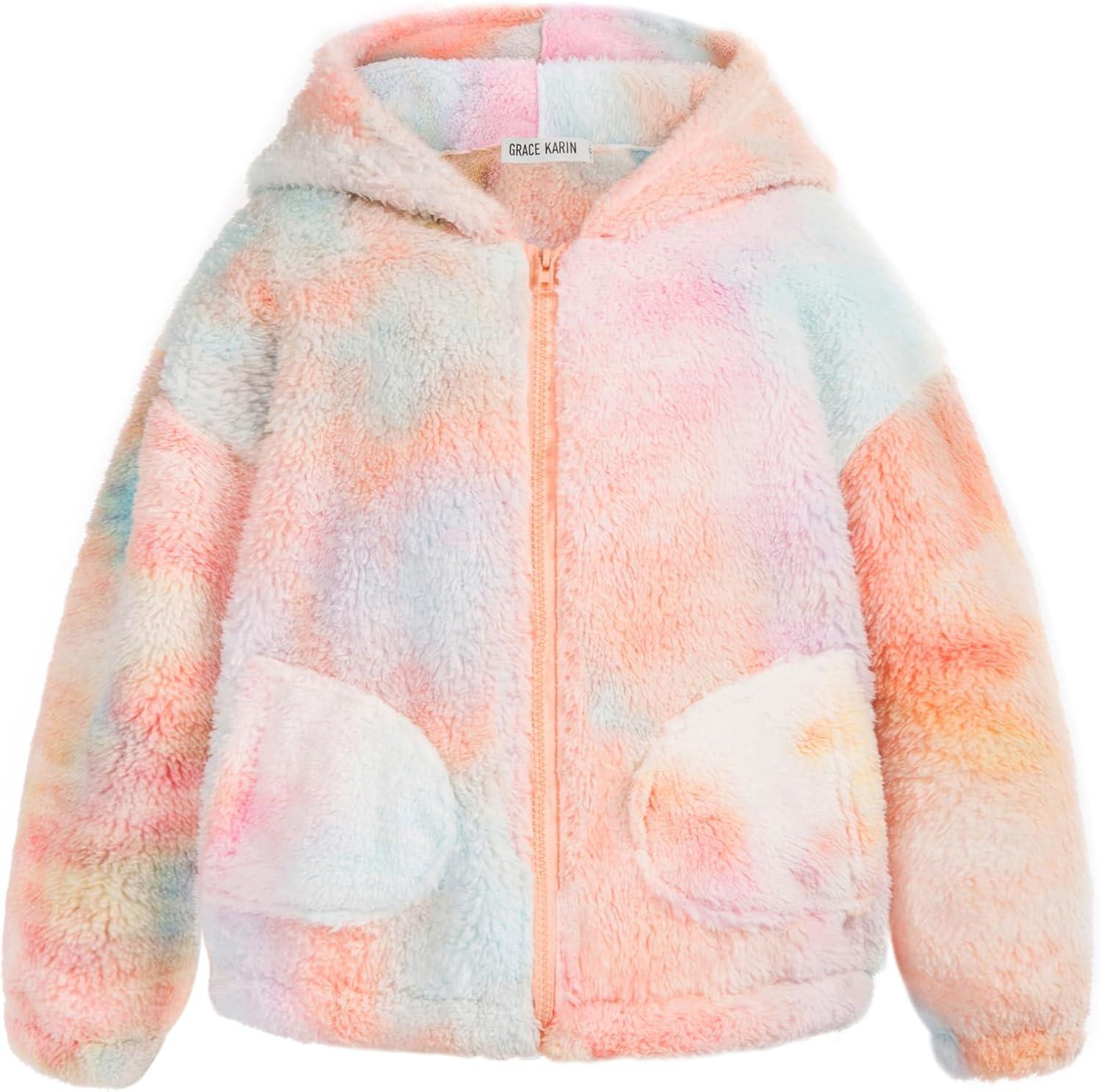 imageGRACE KARIN Girls Fleece Jacket Zip Up Sherpa Coat Kids Fall Hoodie Fuzzy Sweatshirt Size 514Orange Tiedye