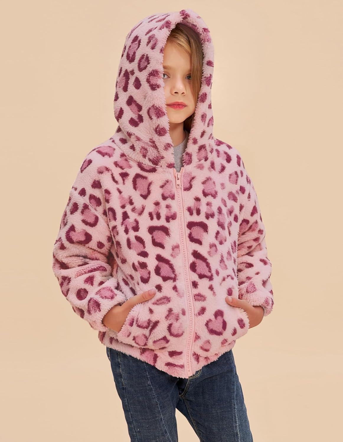 imageGRACE KARIN Girls Fleece Jacket Zip Up Sherpa Coat Kids Fall Hoodie Fuzzy Sweatshirt Size 514Pink Leopard