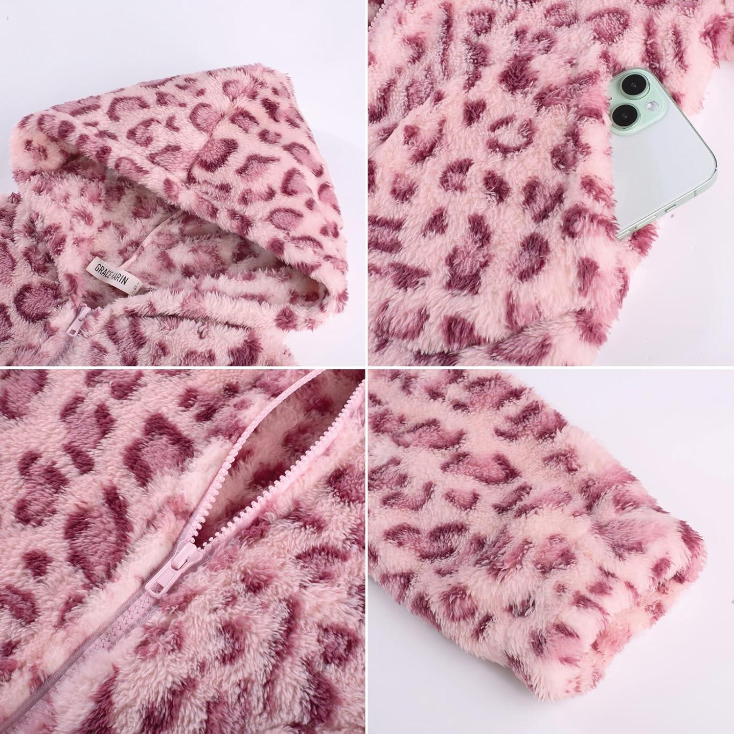 imageGRACE KARIN Girls Fleece Jacket Zip Up Sherpa Coat Kids Fall Hoodie Fuzzy Sweatshirt Size 514Pink Leopard