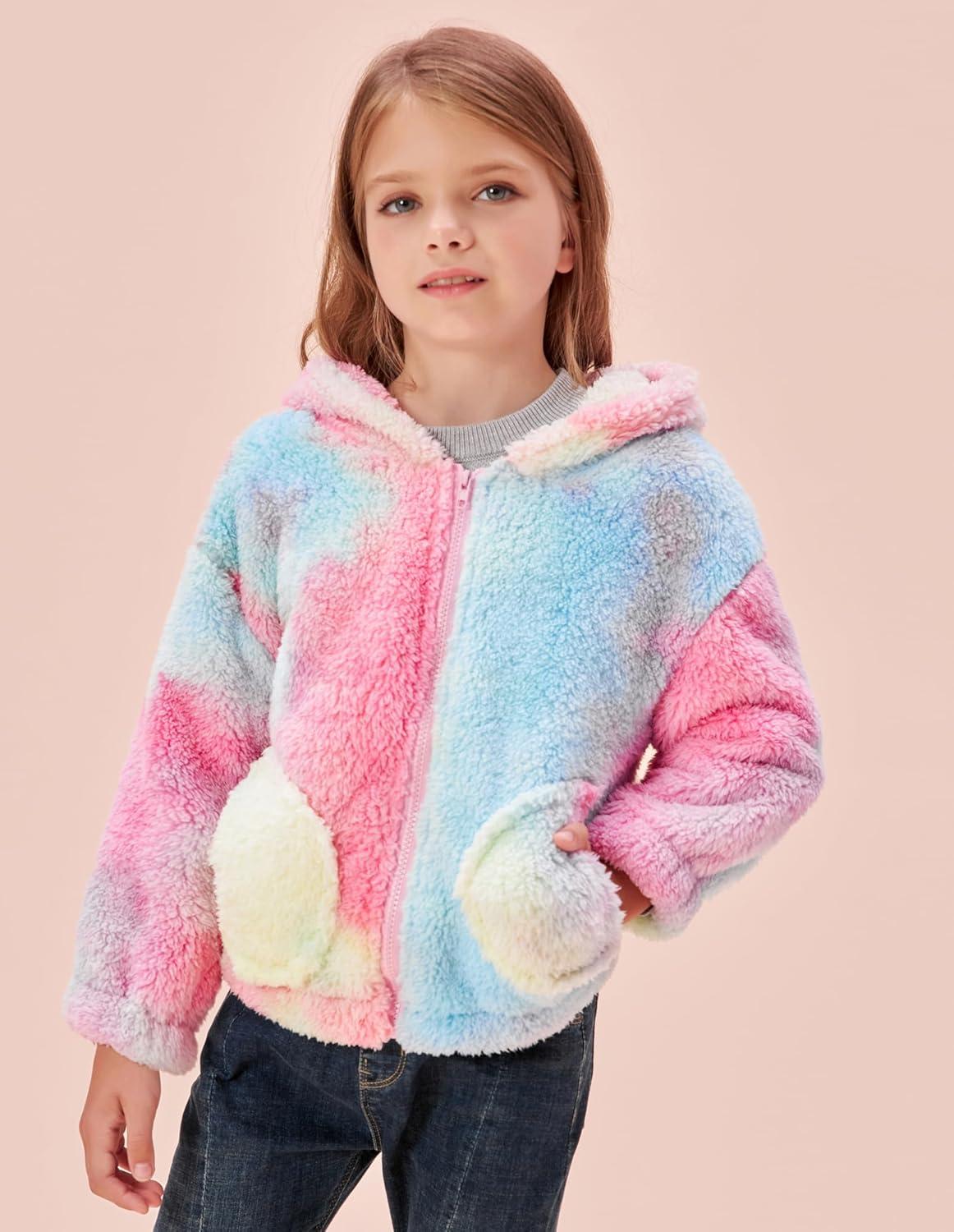 imageGRACE KARIN Girls Fleece Jacket Zip Up Sherpa Coat Kids Fall Hoodie Fuzzy Sweatshirt Size 514Pink Tiedye