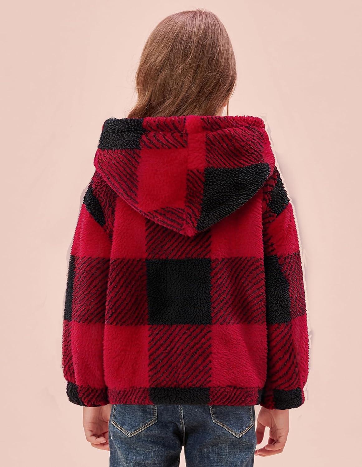 imageGRACE KARIN Girls Fleece Jacket Zip Up Sherpa Coat Kids Fall Hoodie Fuzzy Sweatshirt Size 514Red Black Plaid