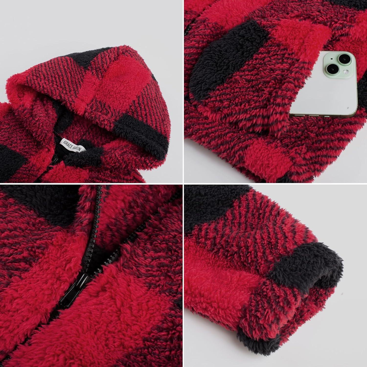imageGRACE KARIN Girls Fleece Jacket Zip Up Sherpa Coat Kids Fall Hoodie Fuzzy Sweatshirt Size 514Red Black Plaid