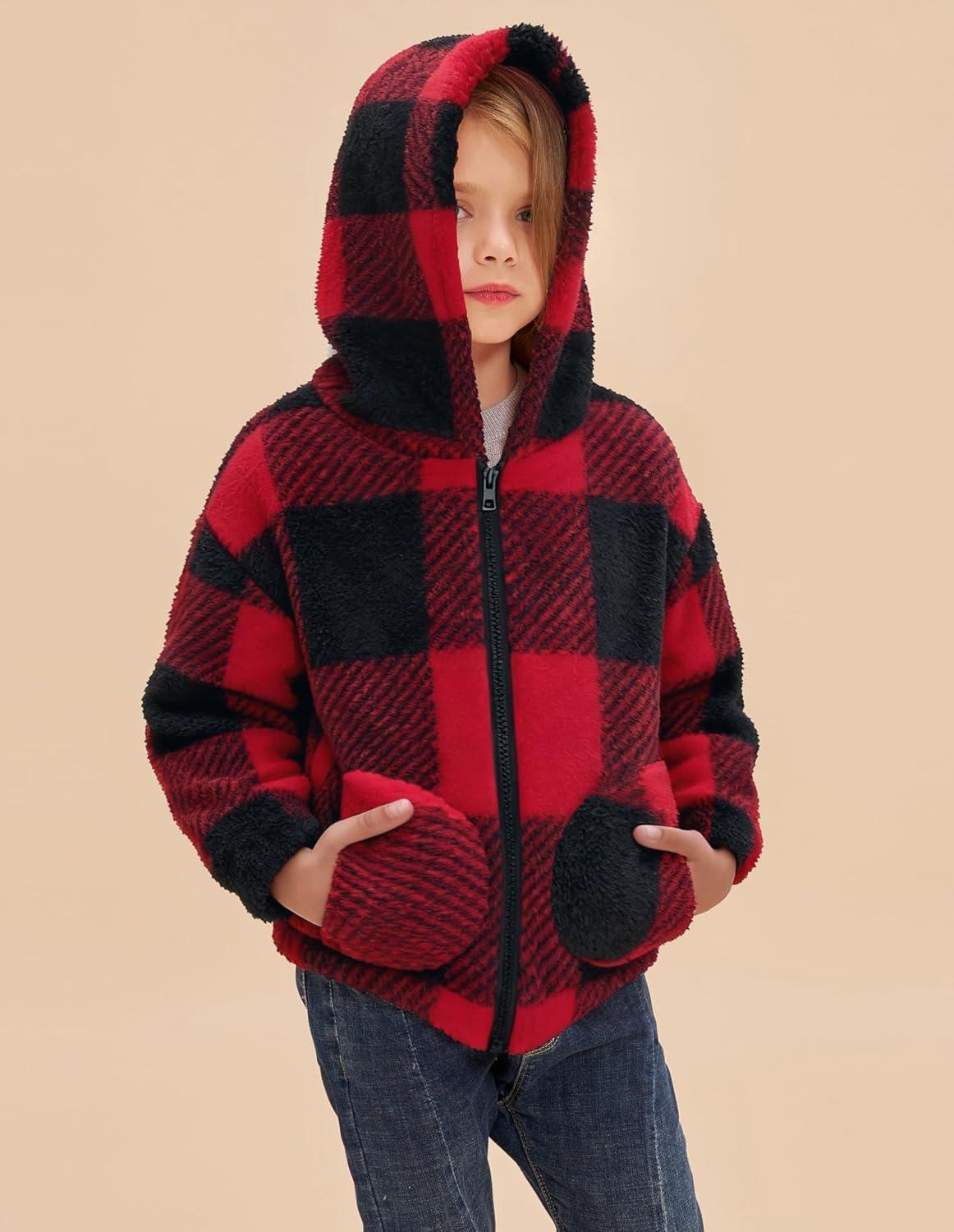 imageGRACE KARIN Girls Fleece Jacket Zip Up Sherpa Coat Kids Fall Hoodie Fuzzy Sweatshirt Size 514Red Black Plaid
