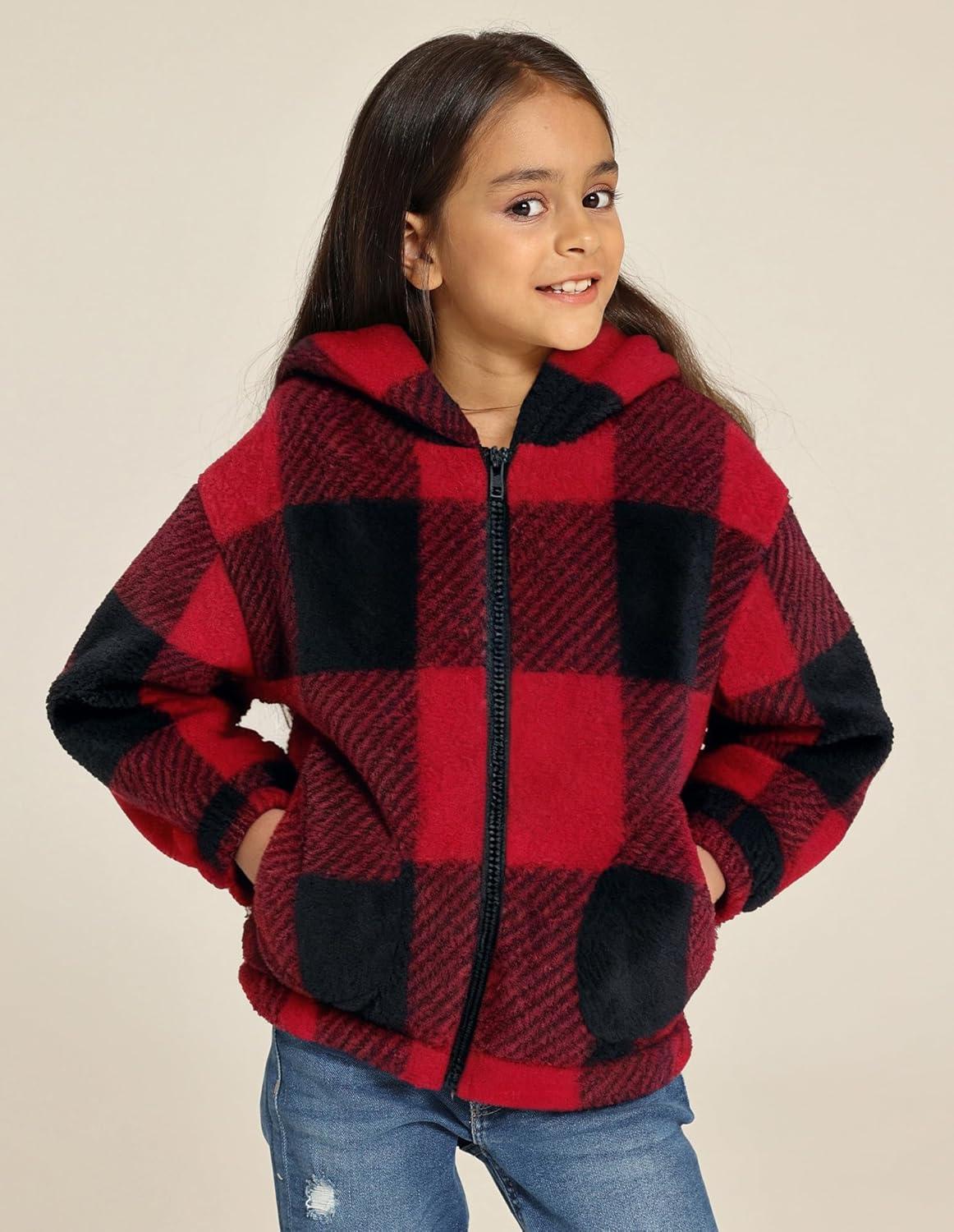 imageGRACE KARIN Girls Fleece Jacket Zip Up Sherpa Coat Kids Fall Hoodie Fuzzy Sweatshirt Size 514Red Black Plaid