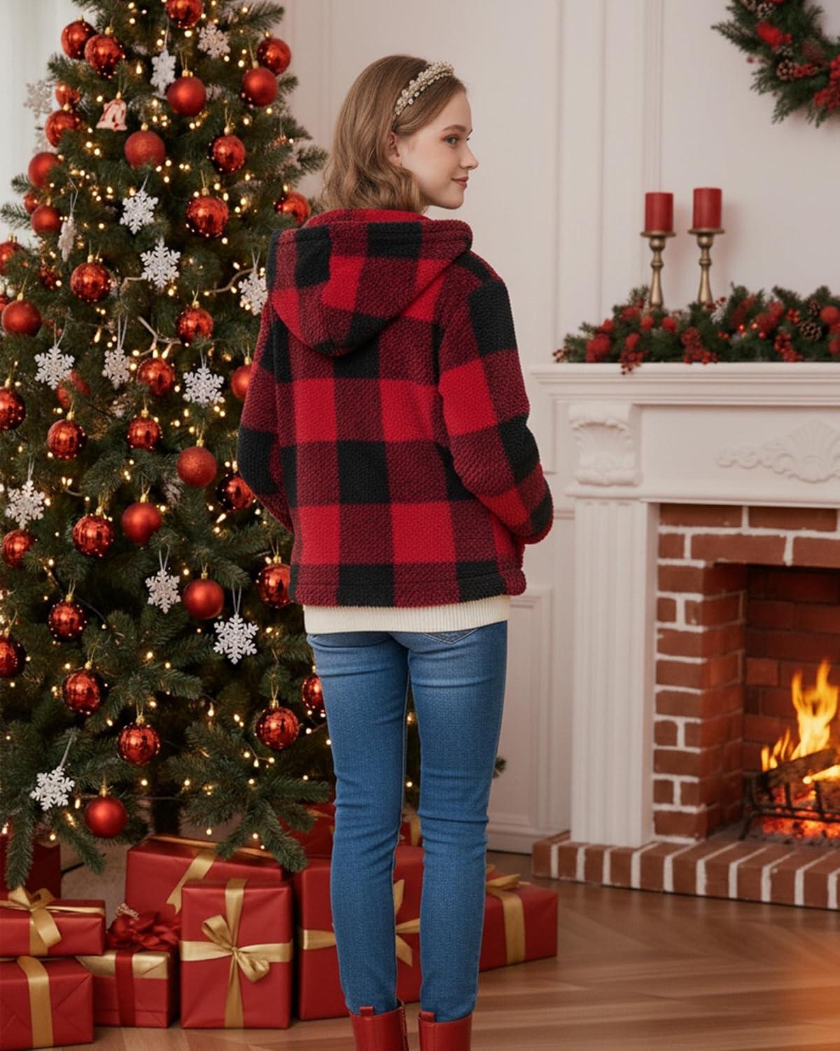 imageGRACE KARIN Girls Fleece Jacket Zip Up Sherpa Coat Kids Fall Hoodie Fuzzy Sweatshirt Size 514Red Black Plaid