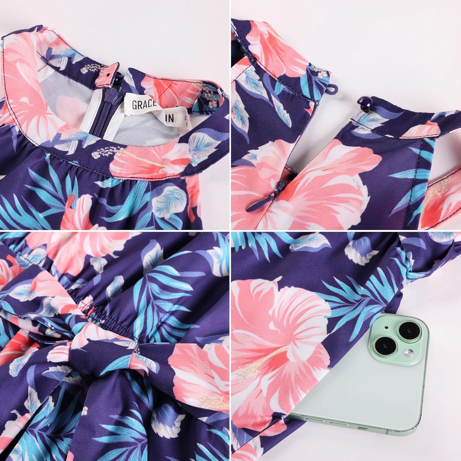 imageGRACE KARIN Girls Floral Jumpsuit Kids Halter Summer Belted Romper Wide Led Long Pants Size 714YNavy Blue and Pink