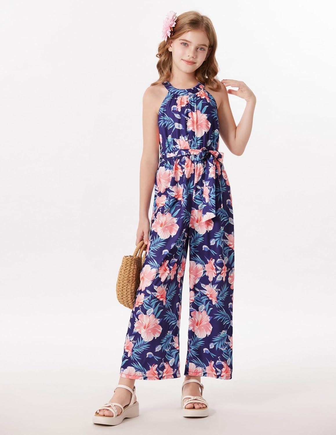 imageGRACE KARIN Girls Floral Jumpsuit Kids Halter Summer Belted Romper Wide Led Long Pants Size 714YNavy Blue and Pink