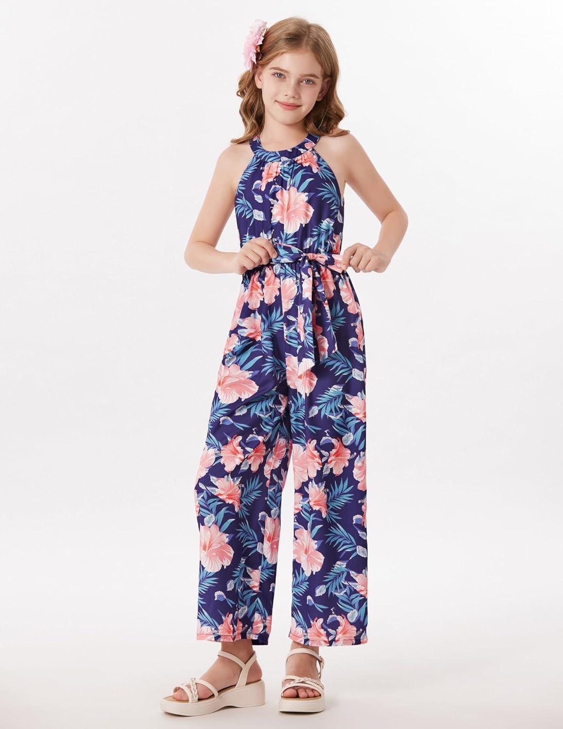 imageGRACE KARIN Girls Floral Jumpsuit Kids Halter Summer Belted Romper Wide Led Long Pants Size 714YNavy Blue and Pink