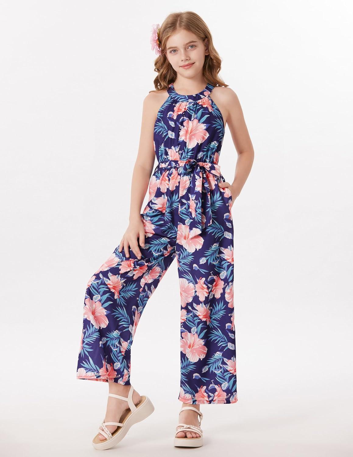 imageGRACE KARIN Girls Floral Jumpsuit Kids Halter Summer Belted Romper Wide Led Long Pants Size 714YNavy Blue and Pink