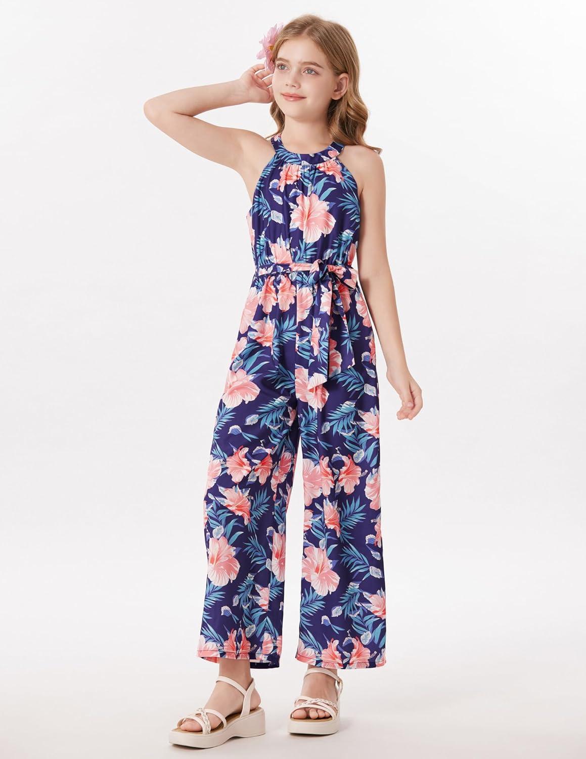 imageGRACE KARIN Girls Floral Jumpsuit Kids Halter Summer Belted Romper Wide Led Long Pants Size 714YNavy Blue and Pink