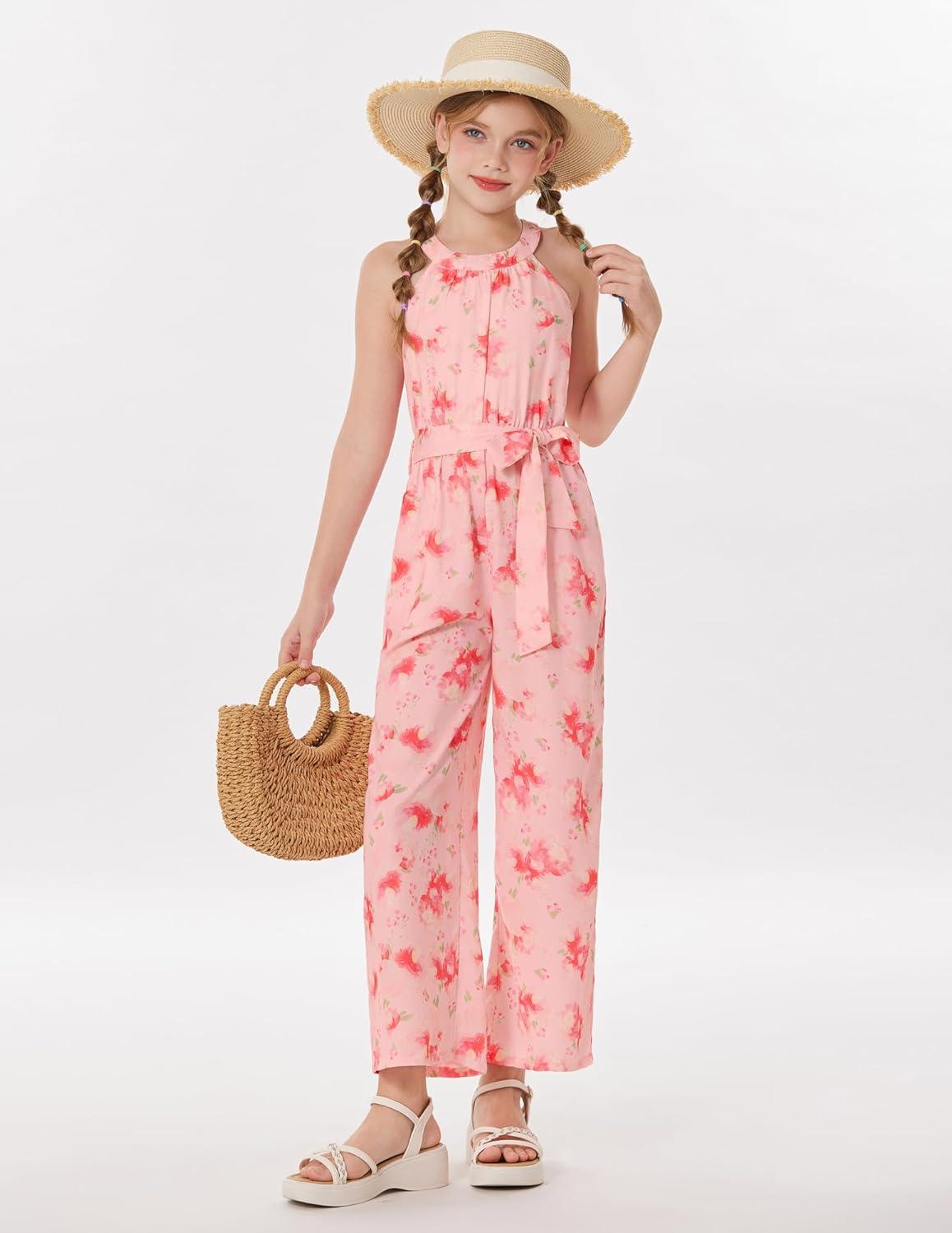 imageGRACE KARIN Girls Floral Jumpsuit Kids Halter Summer Belted Romper Wide Led Long Pants Size 714YPink and Red