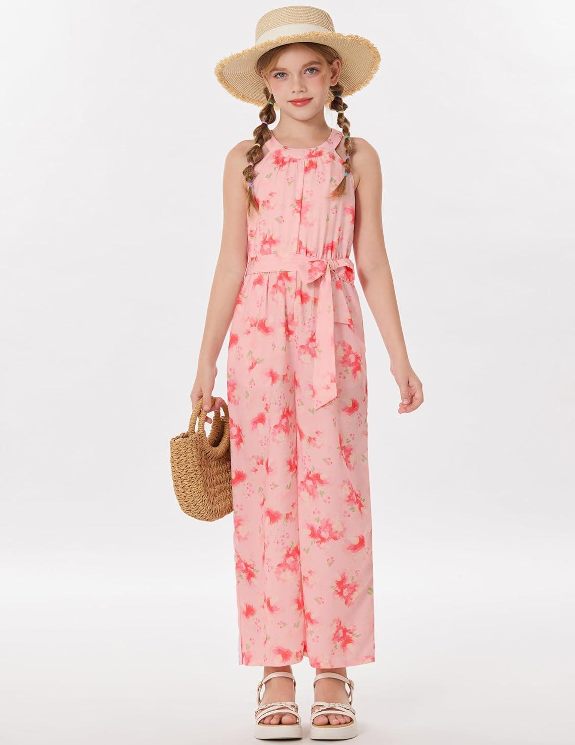 imageGRACE KARIN Girls Floral Jumpsuit Kids Halter Summer Belted Romper Wide Led Long Pants Size 714YPink and Red