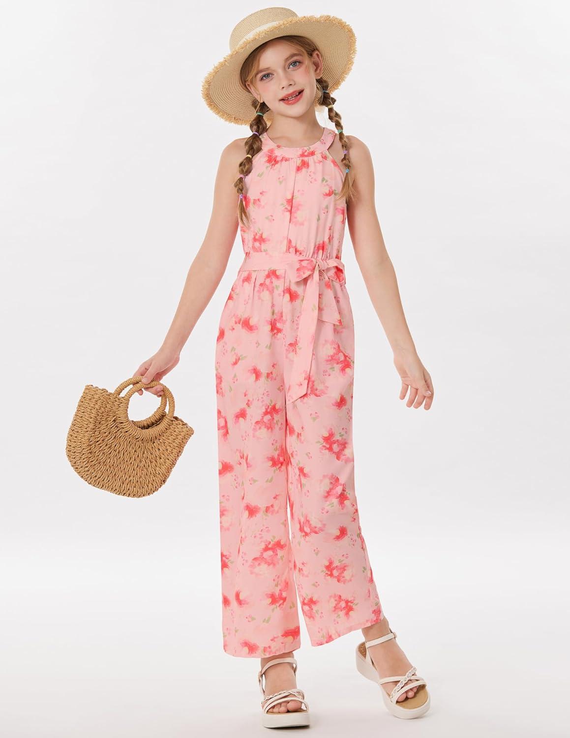 imageGRACE KARIN Girls Floral Jumpsuit Kids Halter Summer Belted Romper Wide Led Long Pants Size 714YPink and Red