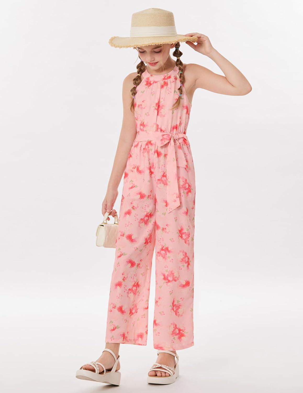 imageGRACE KARIN Girls Floral Jumpsuit Kids Halter Summer Belted Romper Wide Led Long Pants Size 714YPink and Red