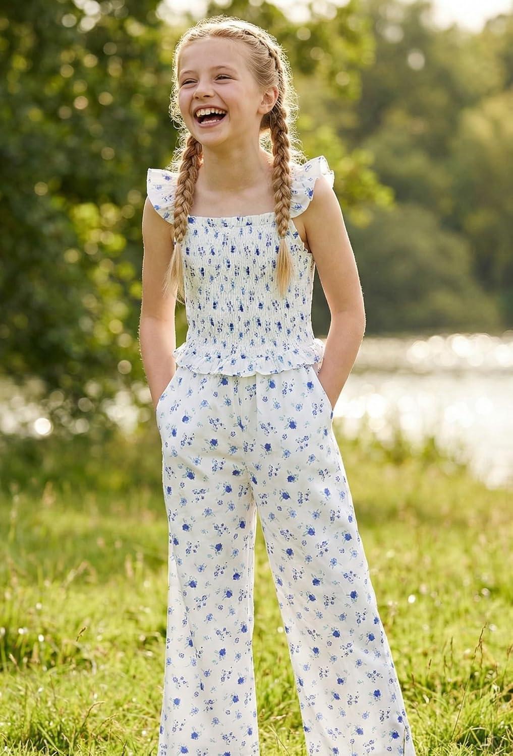imageGRACE KARIN Girls Floral Jumpsuit Outfits Fashion Hawaiian Casual Ruffle Straight Wide Leg Pants Rompers 714 YearsBluesmall Floral