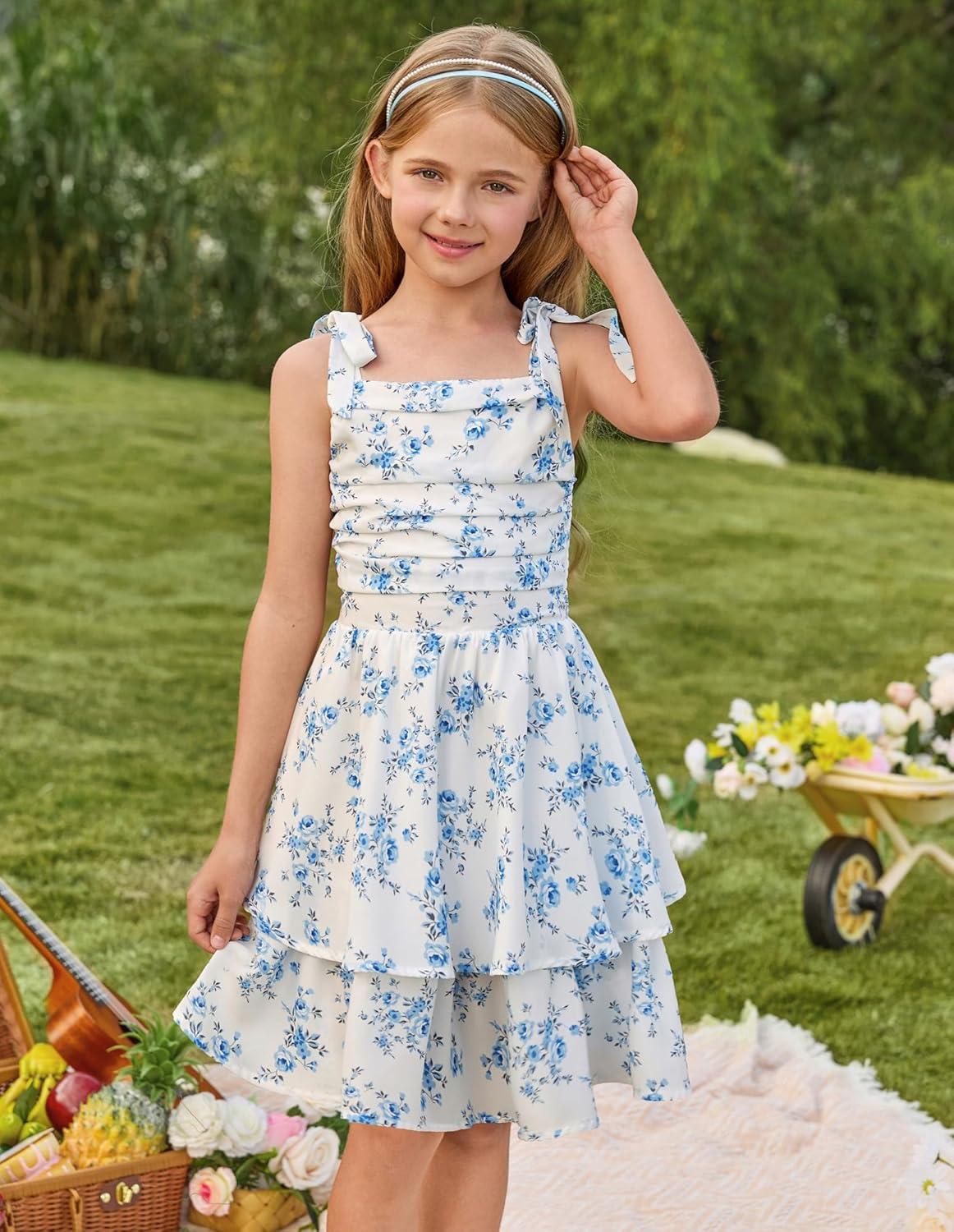 imageGRACE KARIN Girls Floral Smocked Dress Summer Layered Tie Shoulder Bowknot Flowy Dresses for 714 YearsBlue