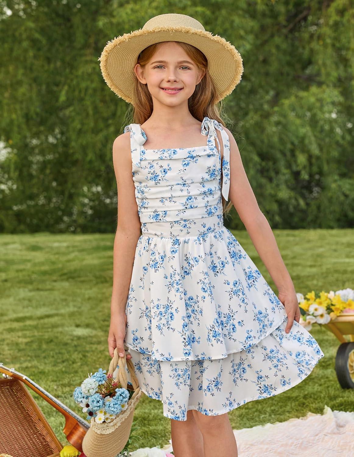 imageGRACE KARIN Girls Floral Smocked Dress Summer Layered Tie Shoulder Bowknot Flowy Dresses for 714 YearsBlue