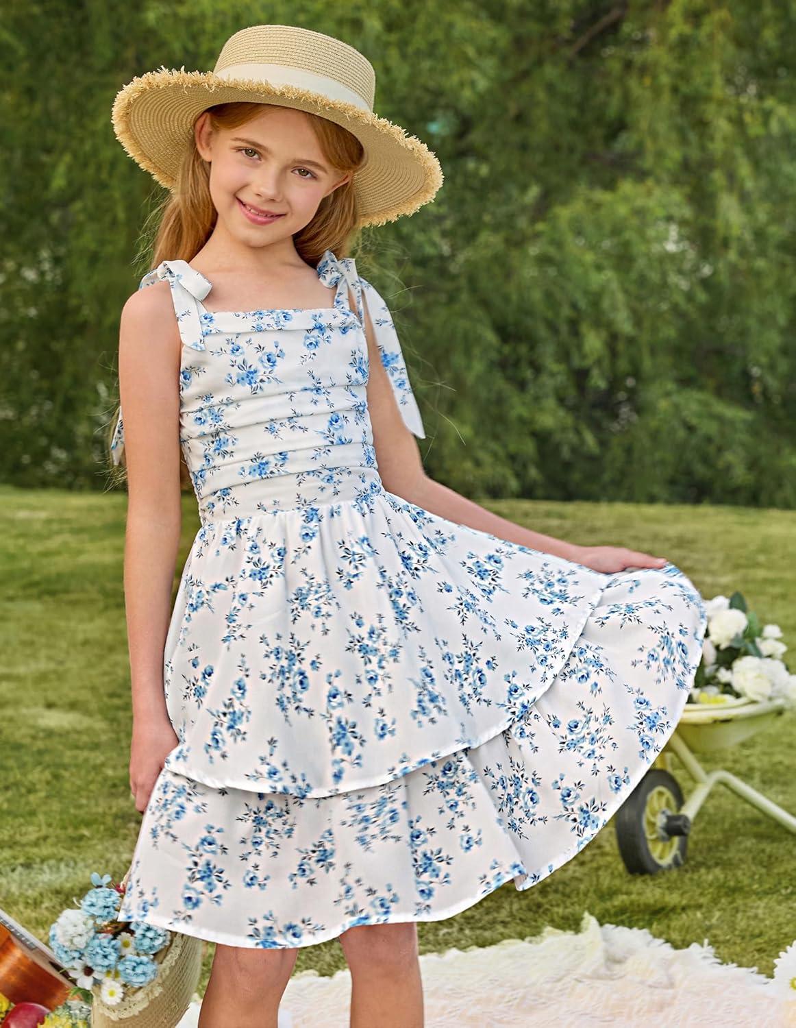 imageGRACE KARIN Girls Floral Smocked Dress Summer Layered Tie Shoulder Bowknot Flowy Dresses for 714 YearsBlue