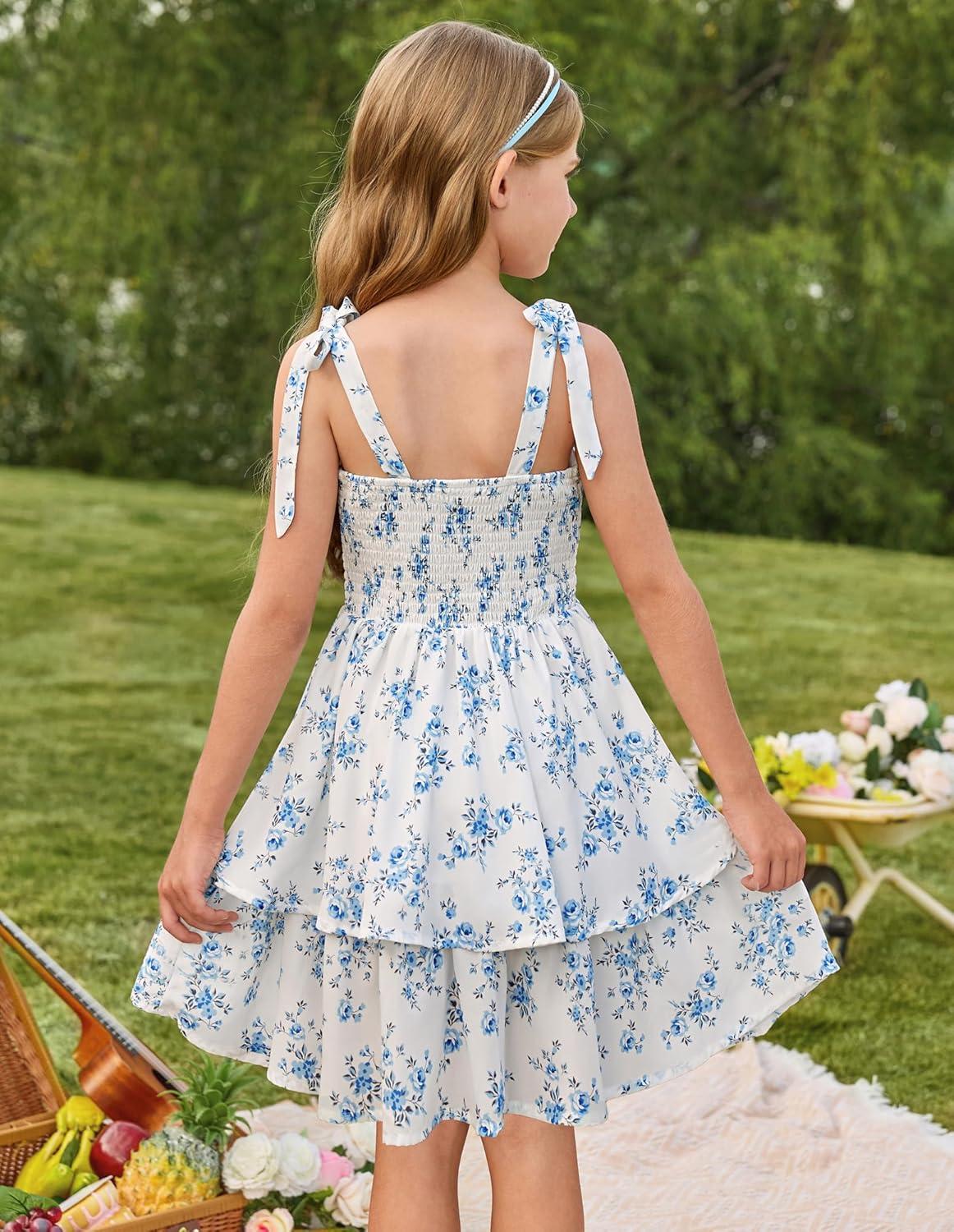 imageGRACE KARIN Girls Floral Smocked Dress Summer Layered Tie Shoulder Bowknot Flowy Dresses for 714 YearsBlue