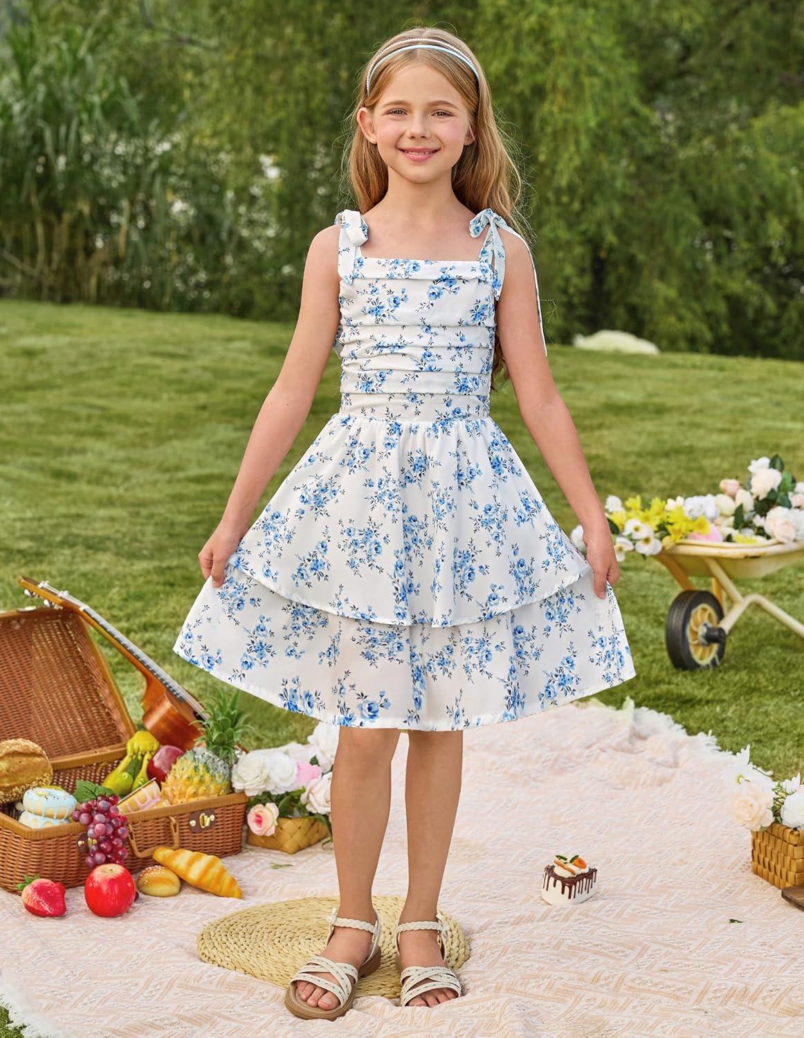 imageGRACE KARIN Girls Floral Smocked Dress Summer Layered Tie Shoulder Bowknot Flowy Dresses for 714 YearsBlue