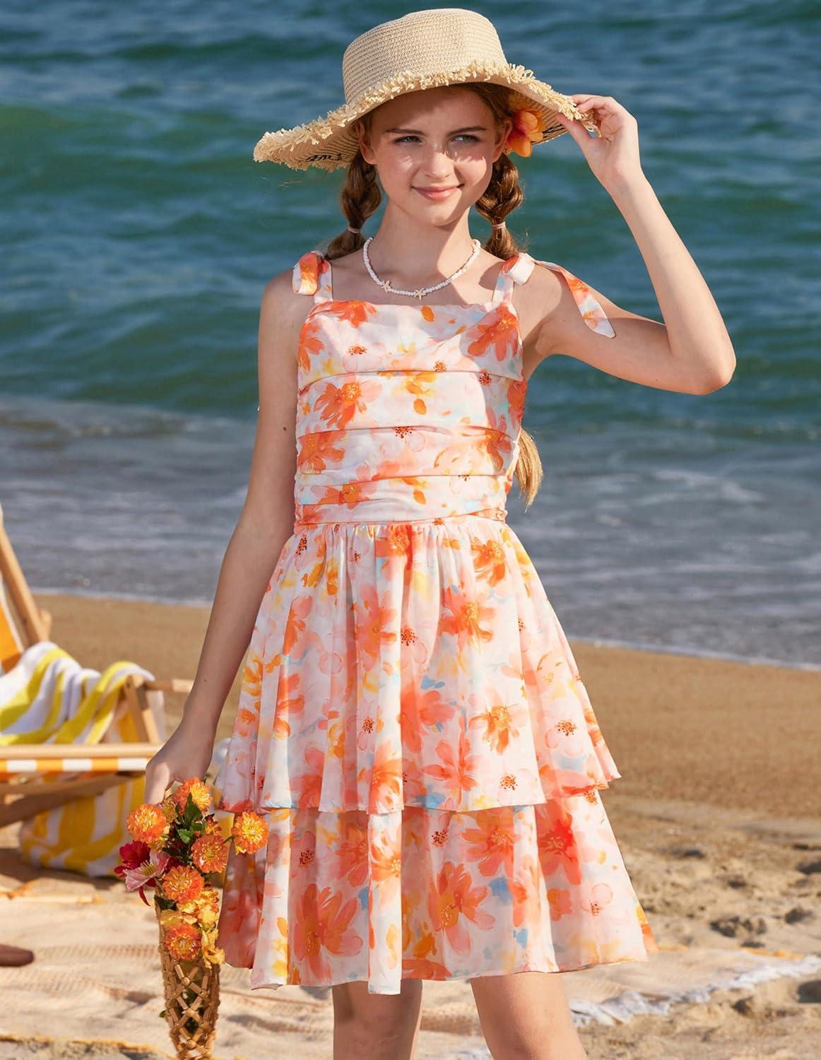 imageGRACE KARIN Girls Floral Smocked Dress Summer Layered Tie Shoulder Bowknot Flowy Dresses for 714 YearsOrange