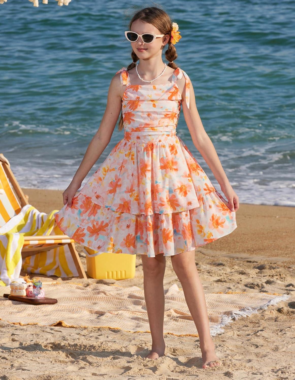 imageGRACE KARIN Girls Floral Smocked Dress Summer Layered Tie Shoulder Bowknot Flowy Dresses for 714 YearsOrange