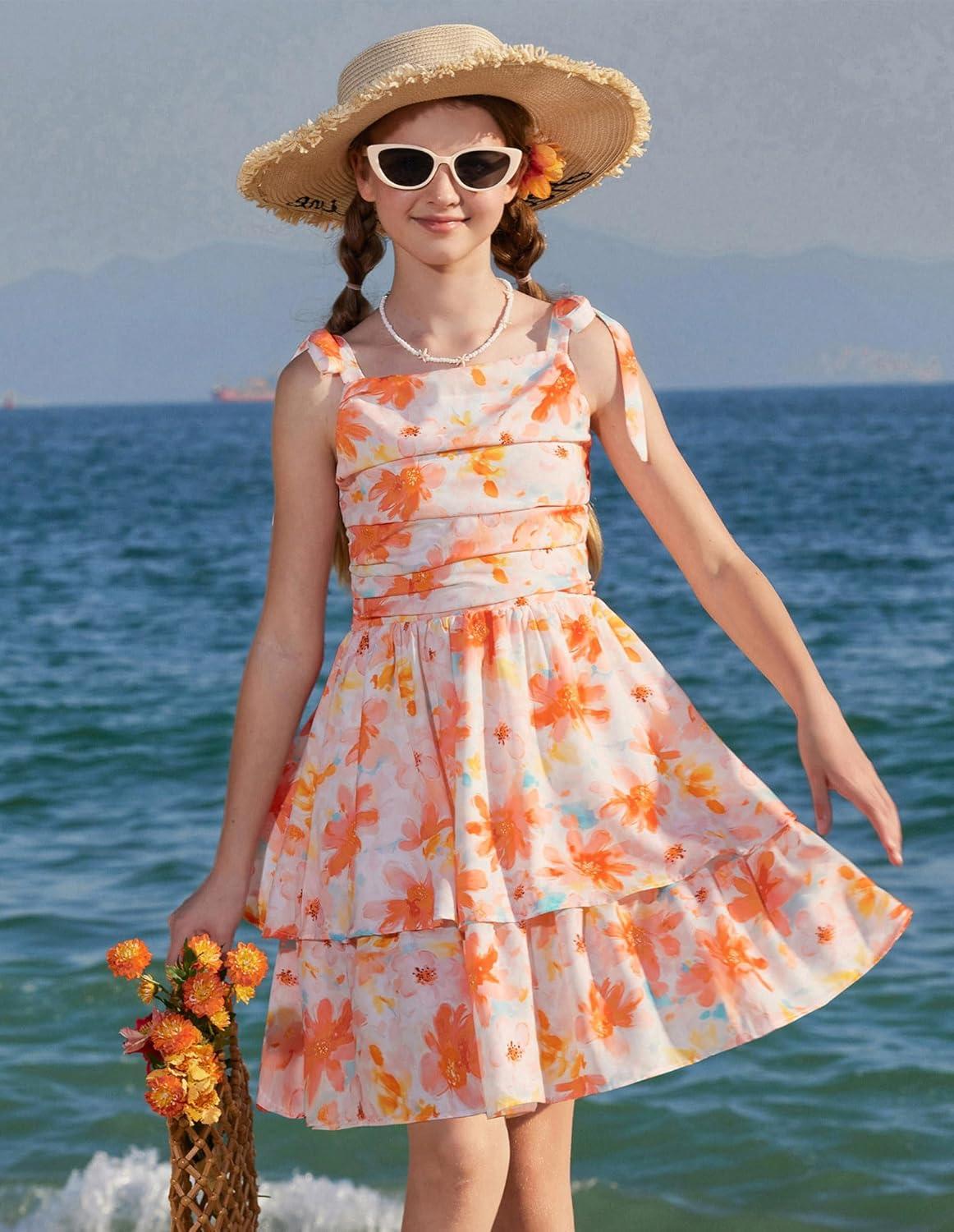 imageGRACE KARIN Girls Floral Smocked Dress Summer Layered Tie Shoulder Bowknot Flowy Dresses for 714 YearsOrange