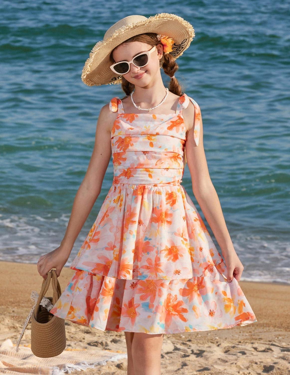 imageGRACE KARIN Girls Floral Smocked Dress Summer Layered Tie Shoulder Bowknot Flowy Dresses for 714 YearsOrange