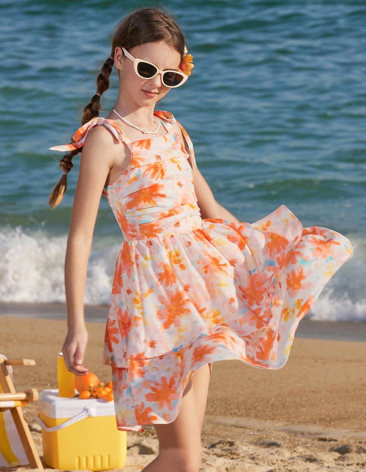 imageGRACE KARIN Girls Floral Smocked Dress Summer Layered Tie Shoulder Bowknot Flowy Dresses for 714 YearsOrange