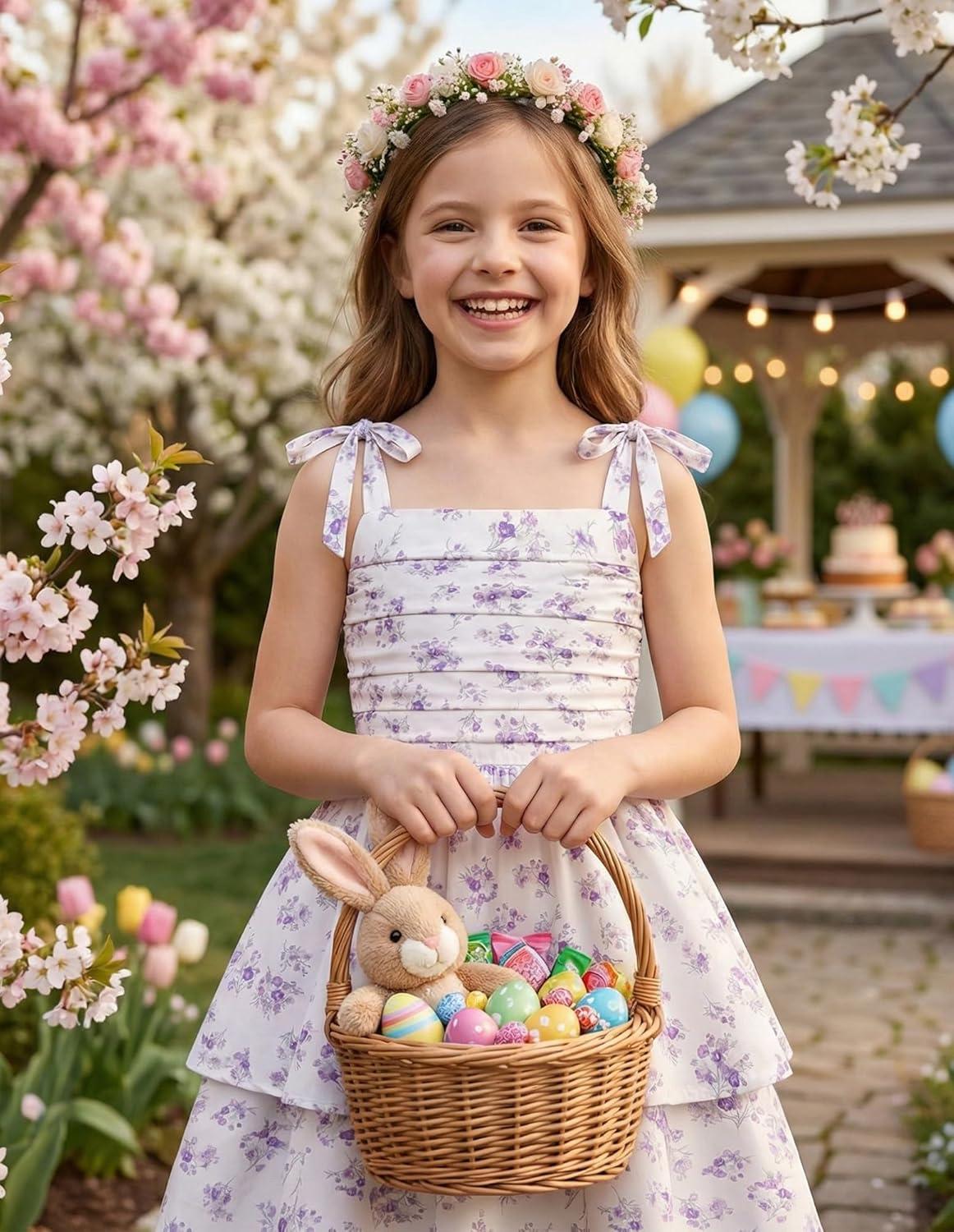 imageGRACE KARIN Girls Floral Smocked Dress Summer Layered Tie Shoulder Bowknot Flowy Dresses for 714 YearsPurple