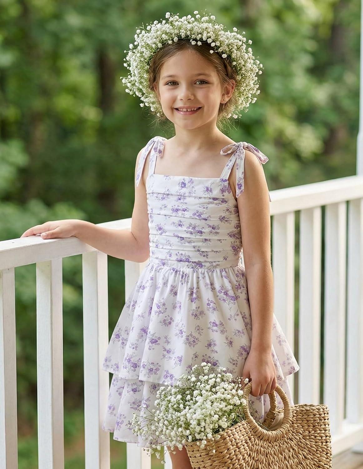 imageGRACE KARIN Girls Floral Smocked Dress Summer Layered Tie Shoulder Bowknot Flowy Dresses for 714 YearsPurple