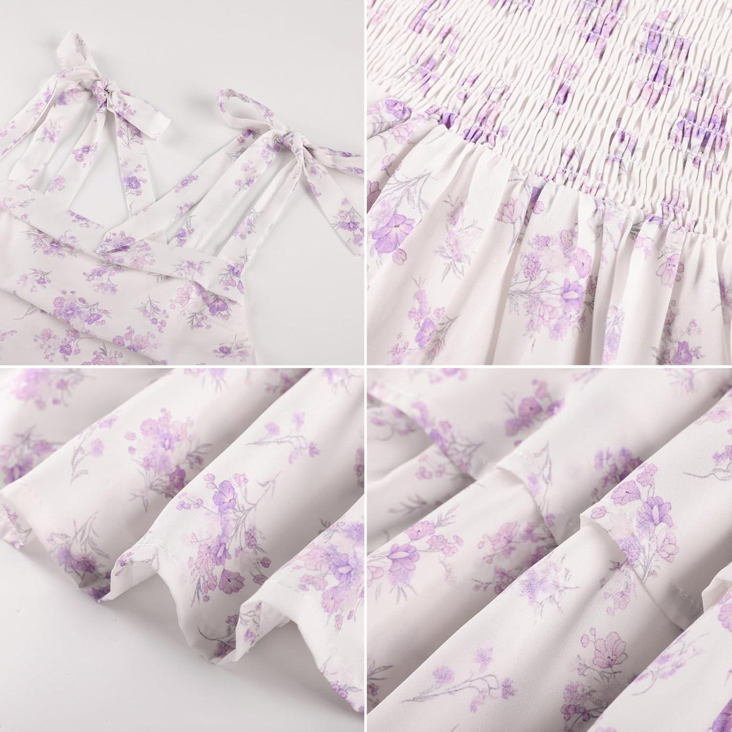 imageGRACE KARIN Girls Floral Smocked Dress Summer Layered Tie Shoulder Bowknot Flowy Dresses for 714 YearsPurple