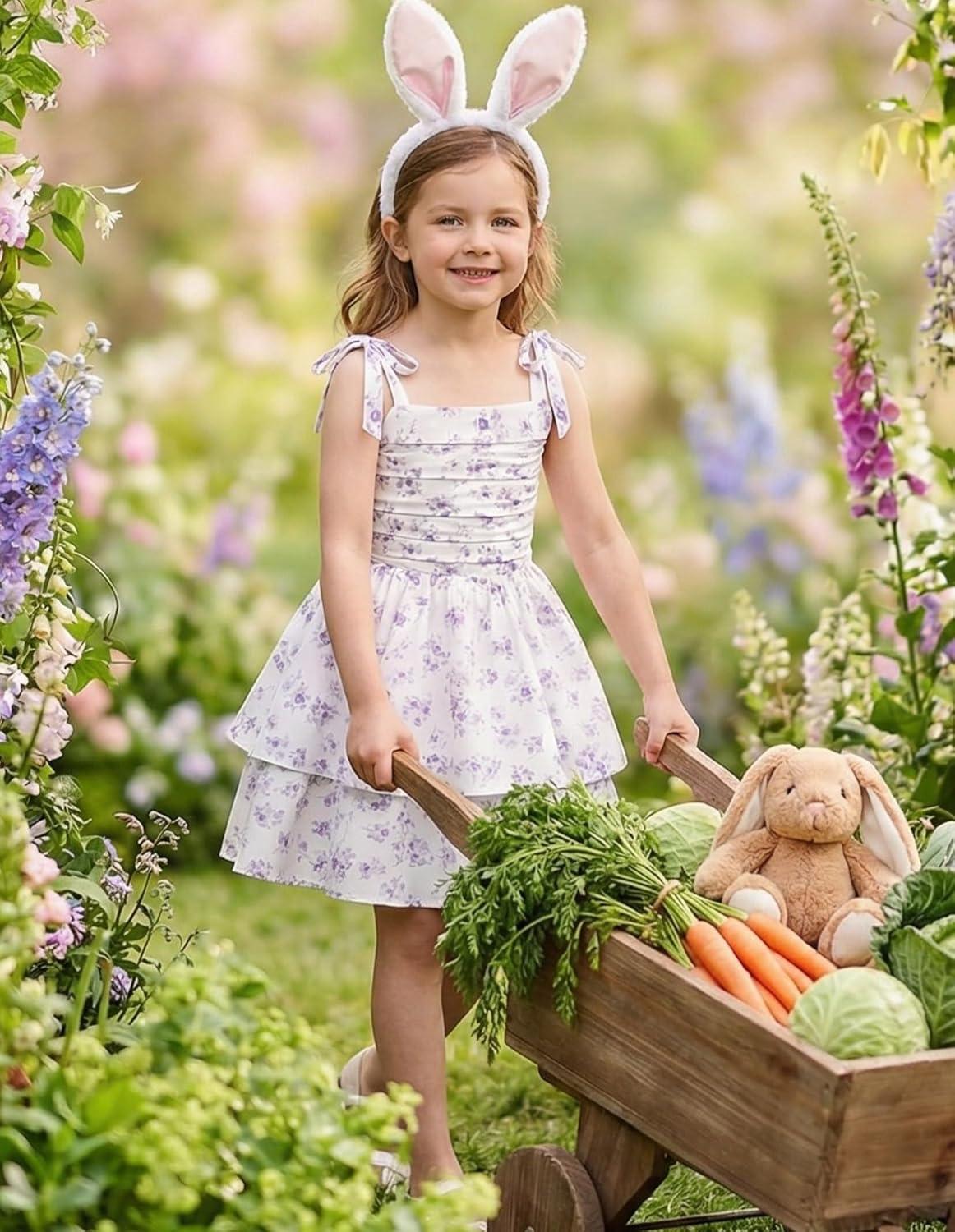 imageGRACE KARIN Girls Floral Smocked Dress Summer Layered Tie Shoulder Bowknot Flowy Dresses for 714 YearsPurple