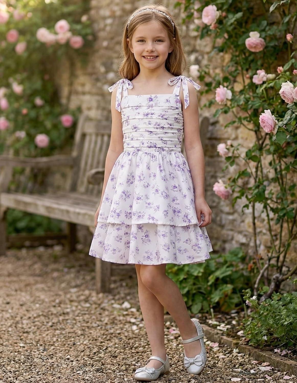 imageGRACE KARIN Girls Floral Smocked Dress Summer Layered Tie Shoulder Bowknot Flowy Dresses for 714 YearsPurple