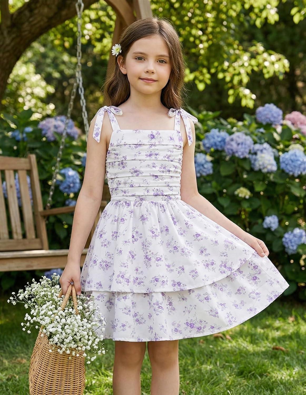 imageGRACE KARIN Girls Floral Smocked Dress Summer Layered Tie Shoulder Bowknot Flowy Dresses for 714 YearsPurple
