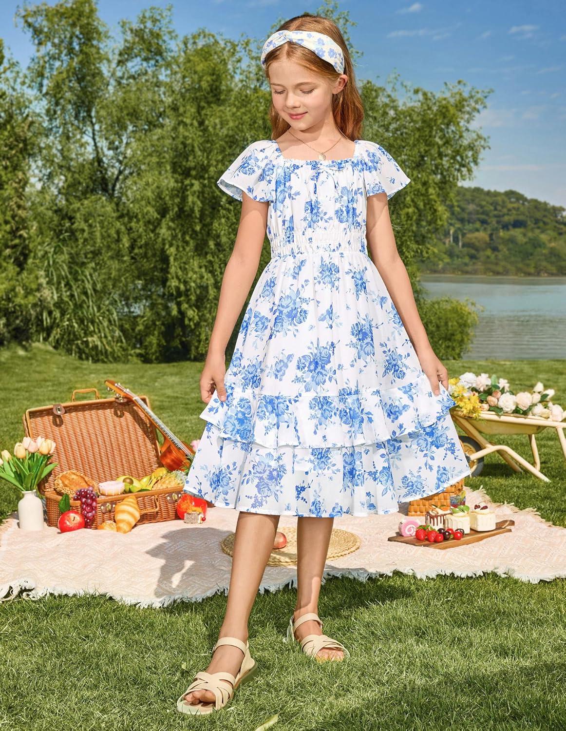 imageGRACE KARIN Girls Floral Summer Dress Flutter Sleeve Square Neck Midi Casual Dress for Girl 614YBlue