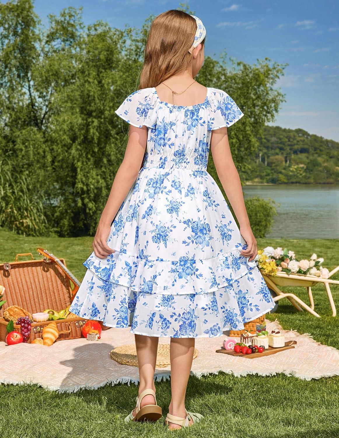 imageGRACE KARIN Girls Floral Summer Dress Flutter Sleeve Square Neck Midi Casual Dress for Girl 614YBlue