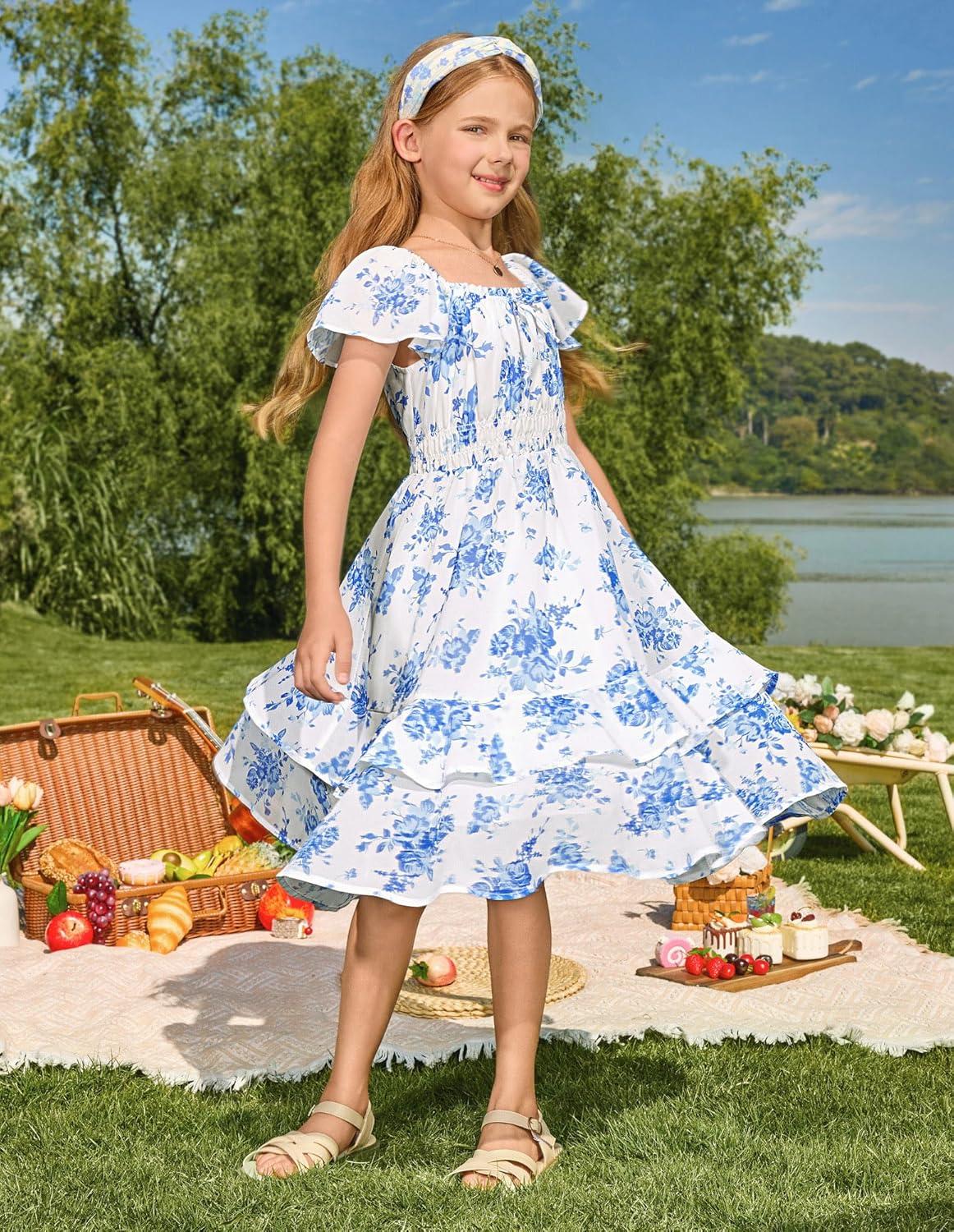 imageGRACE KARIN Girls Floral Summer Dress Flutter Sleeve Square Neck Midi Casual Dress for Girl 614YBlue