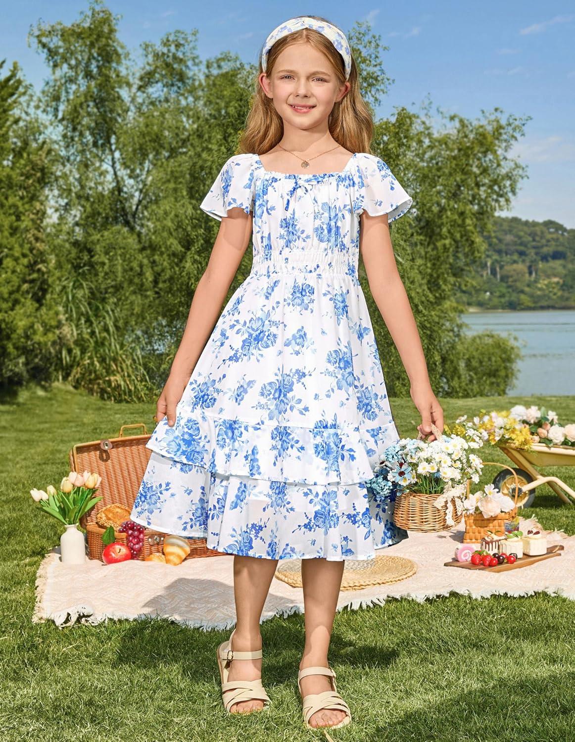 imageGRACE KARIN Girls Floral Summer Dress Flutter Sleeve Square Neck Midi Casual Dress for Girl 614YBlue