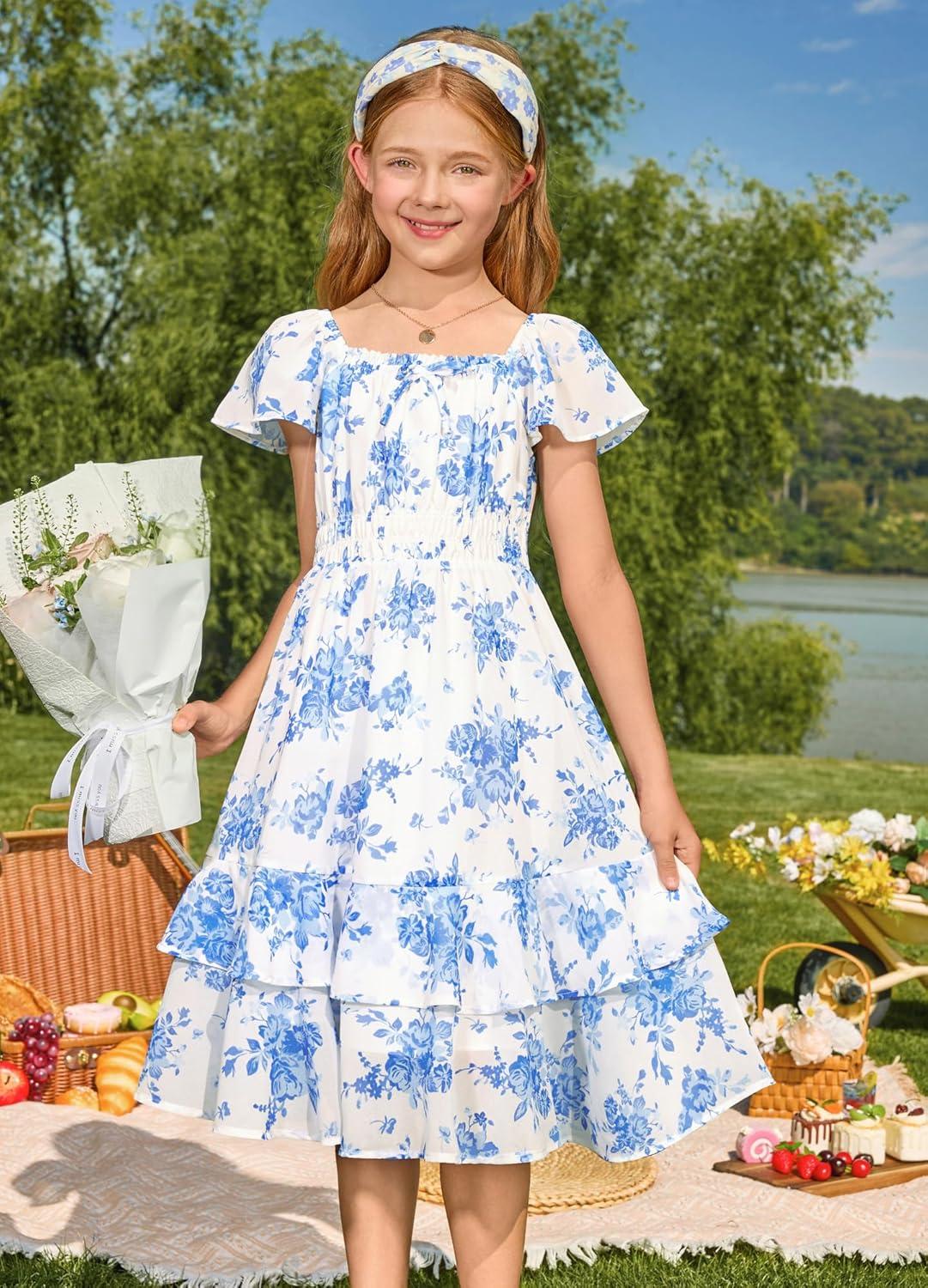 imageGRACE KARIN Girls Floral Summer Dress Flutter Sleeve Square Neck Midi Casual Dress for Girl 614YBlue