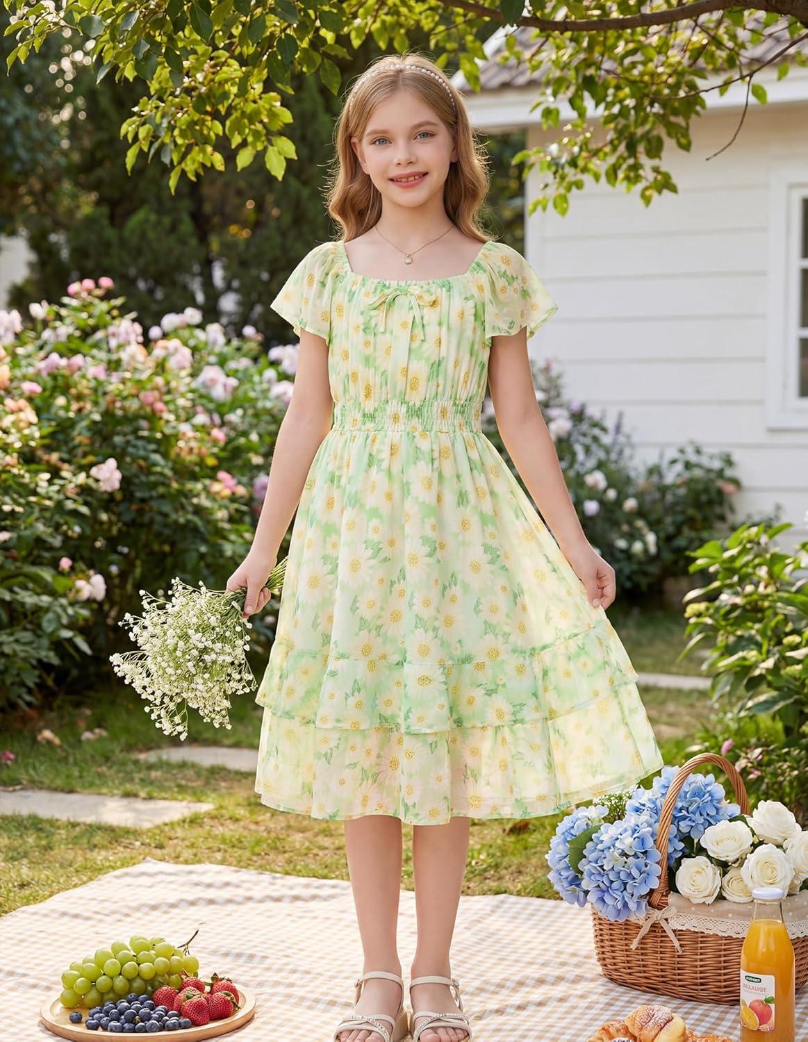 imageGRACE KARIN Girls Floral Summer Dress Flutter Sleeve Square Neck Midi Casual Dress for Girl 614YGreen