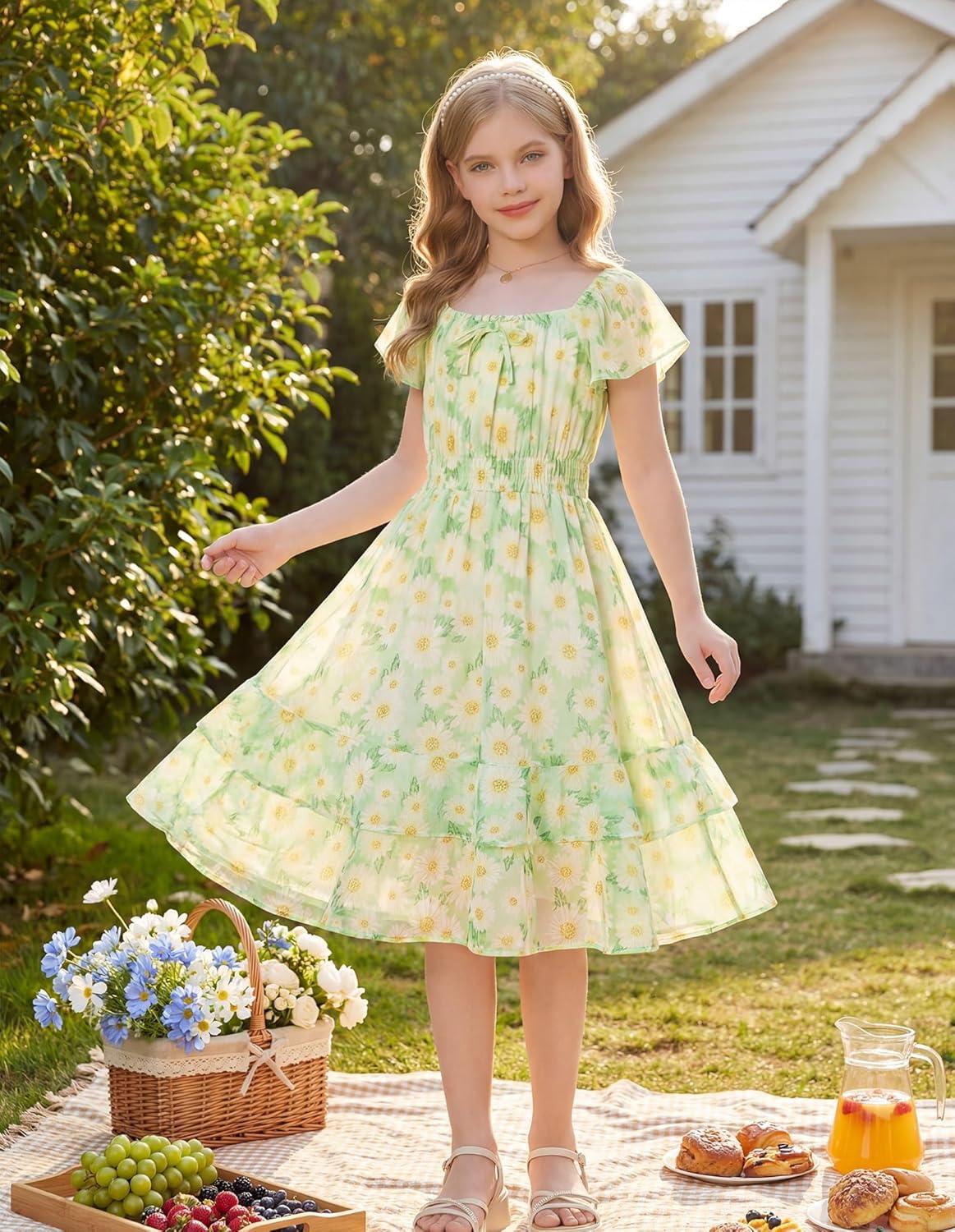 imageGRACE KARIN Girls Floral Summer Dress Flutter Sleeve Square Neck Midi Casual Dress for Girl 614YGreen