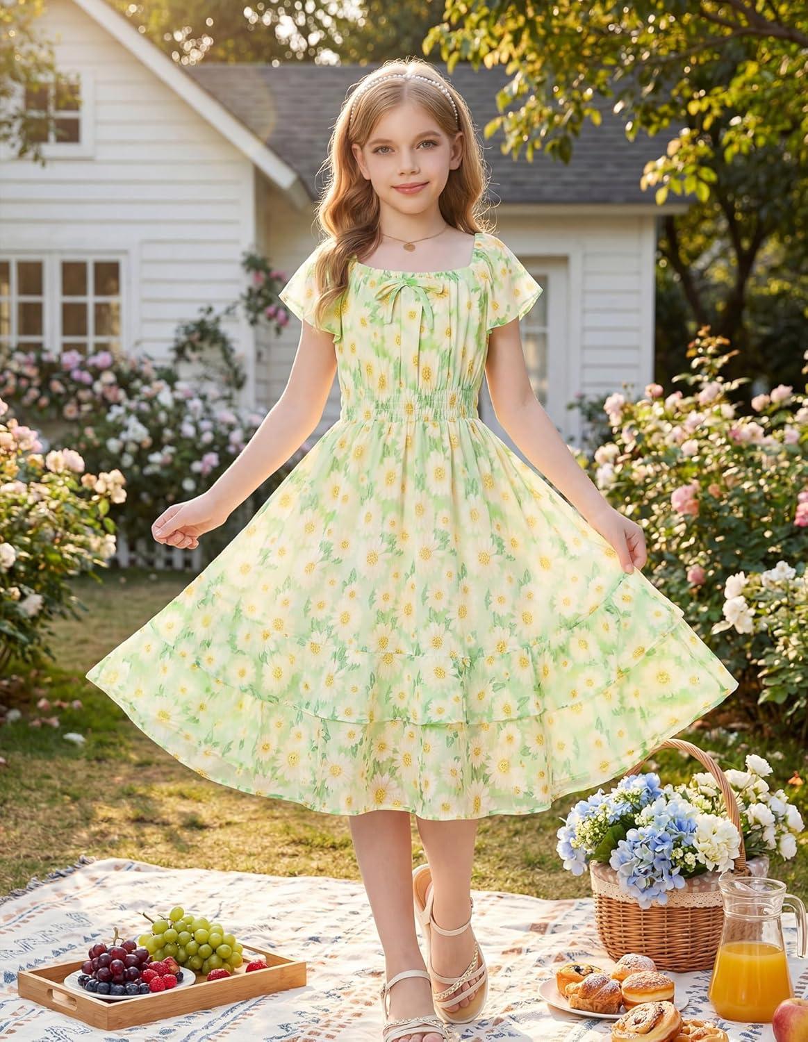 imageGRACE KARIN Girls Floral Summer Dress Flutter Sleeve Square Neck Midi Casual Dress for Girl 614YGreen