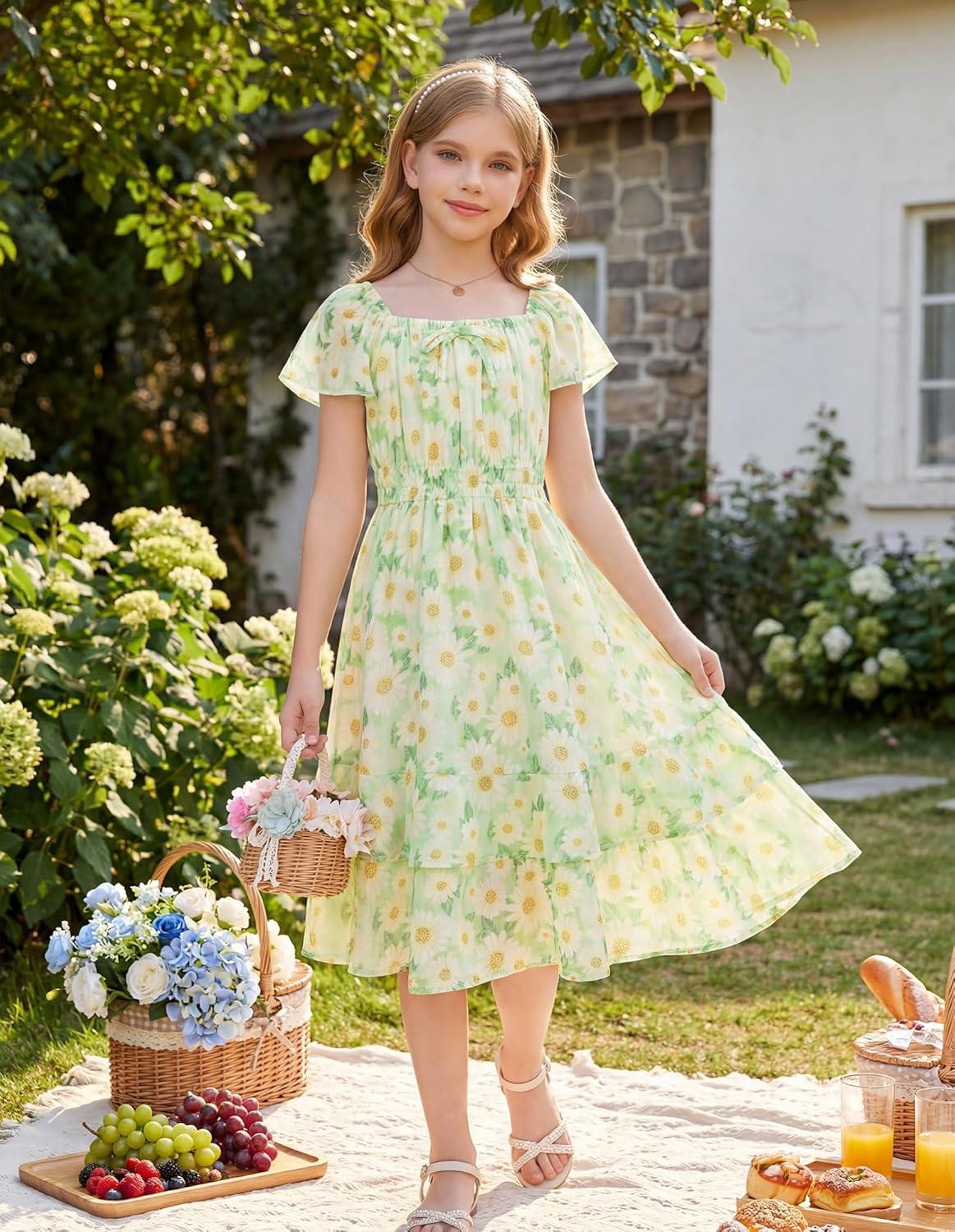 imageGRACE KARIN Girls Floral Summer Dress Flutter Sleeve Square Neck Midi Casual Dress for Girl 614YGreen