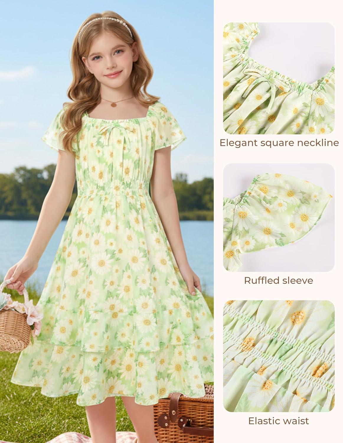 imageGRACE KARIN Girls Floral Summer Dress Flutter Sleeve Square Neck Midi Casual Dress for Girl 614YGreen