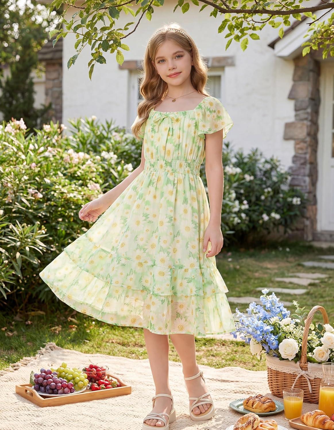 imageGRACE KARIN Girls Floral Summer Dress Flutter Sleeve Square Neck Midi Casual Dress for Girl 614YGreen