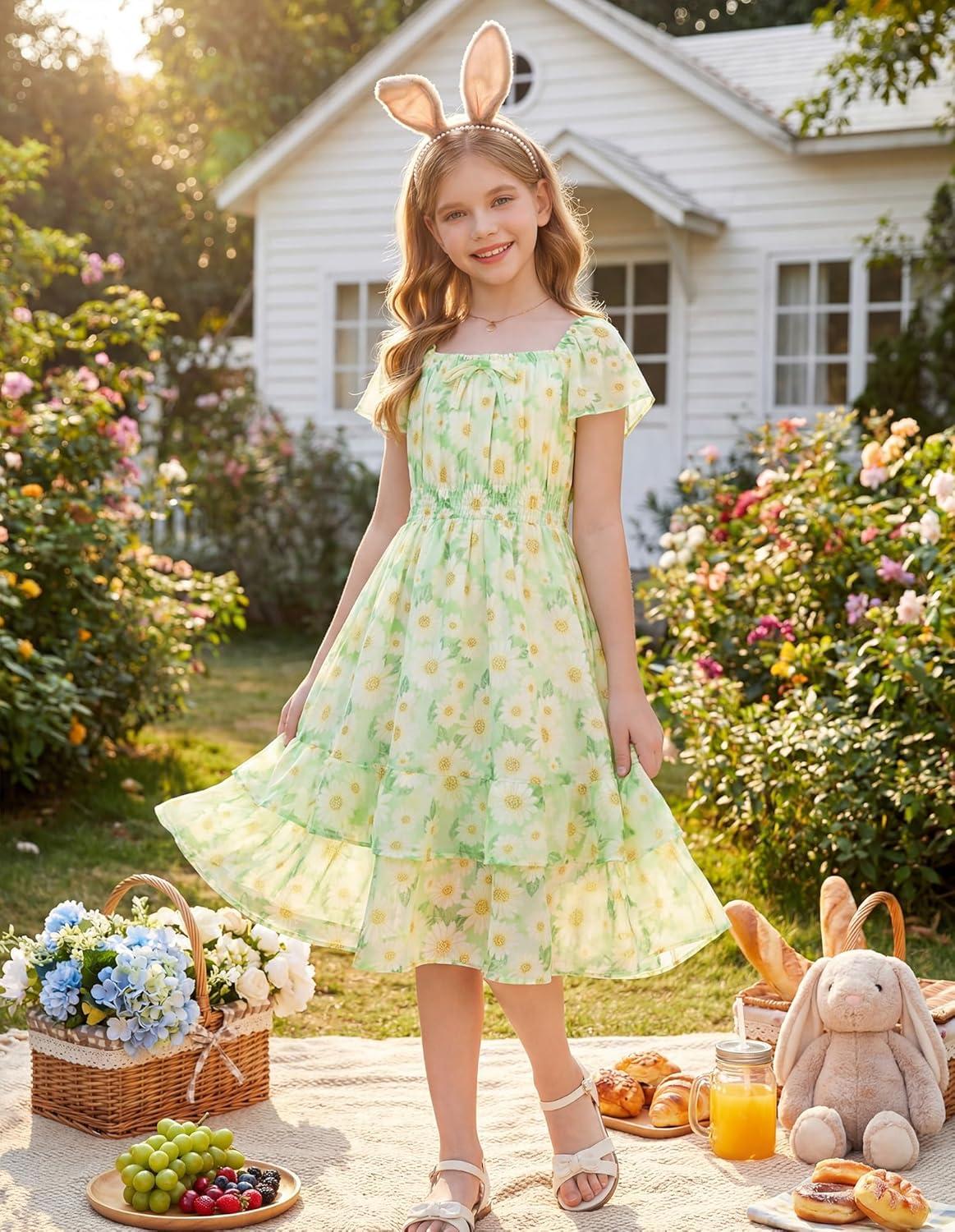 imageGRACE KARIN Girls Floral Summer Dress Flutter Sleeve Square Neck Midi Casual Dress for Girl 614YGreen