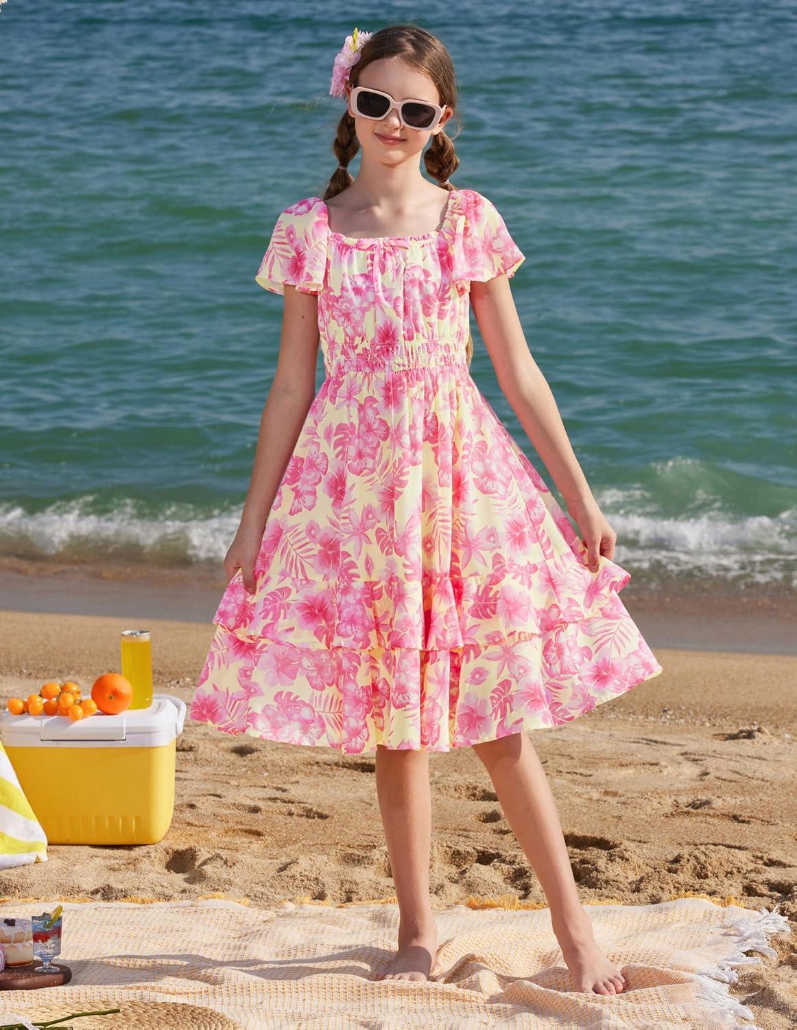imageGRACE KARIN Girls Floral Summer Dress Flutter Sleeve Square Neck Midi Casual Dress for Girl 614YHot Pink
