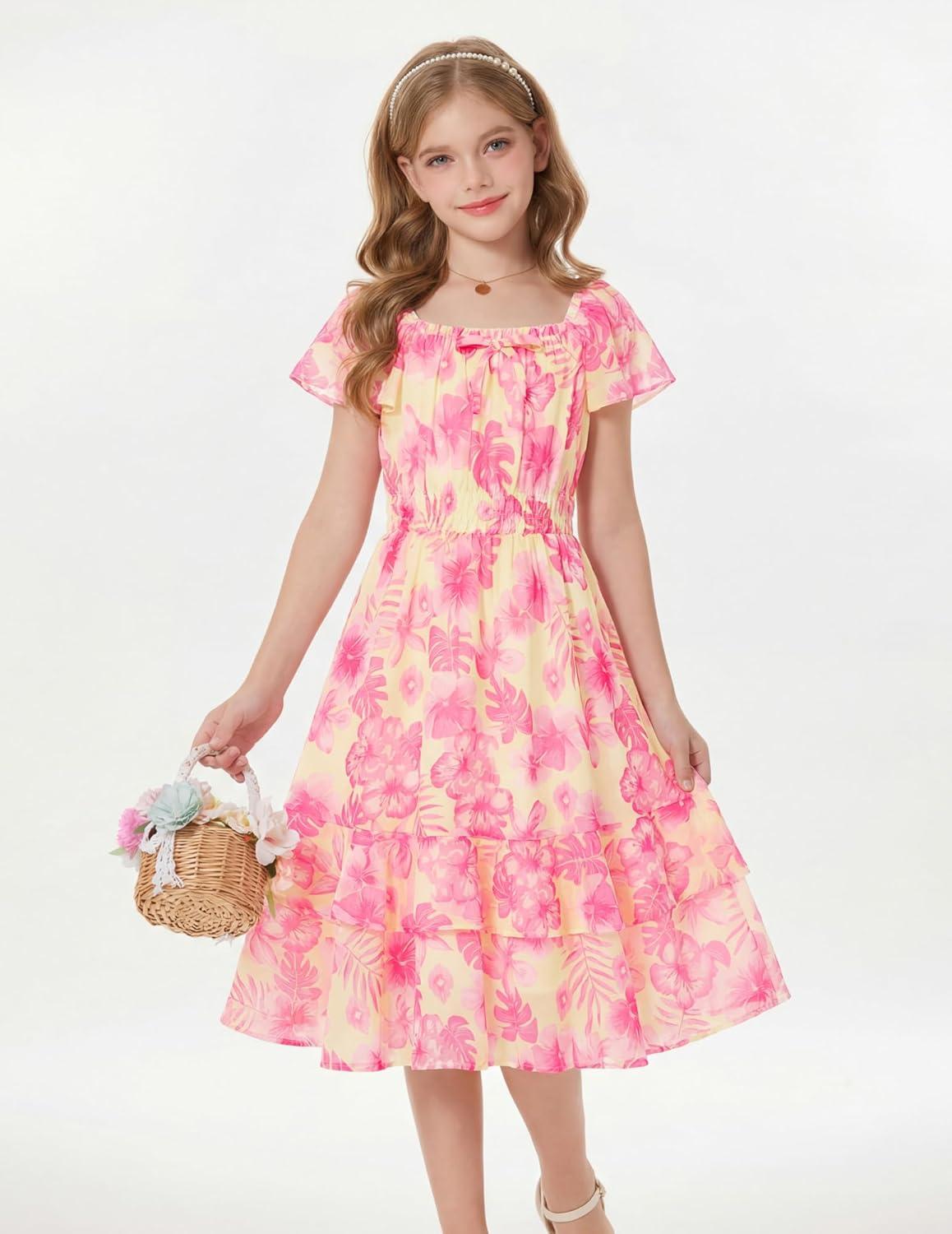 imageGRACE KARIN Girls Floral Summer Dress Flutter Sleeve Square Neck Midi Casual Dress for Girl 614YHot Pink