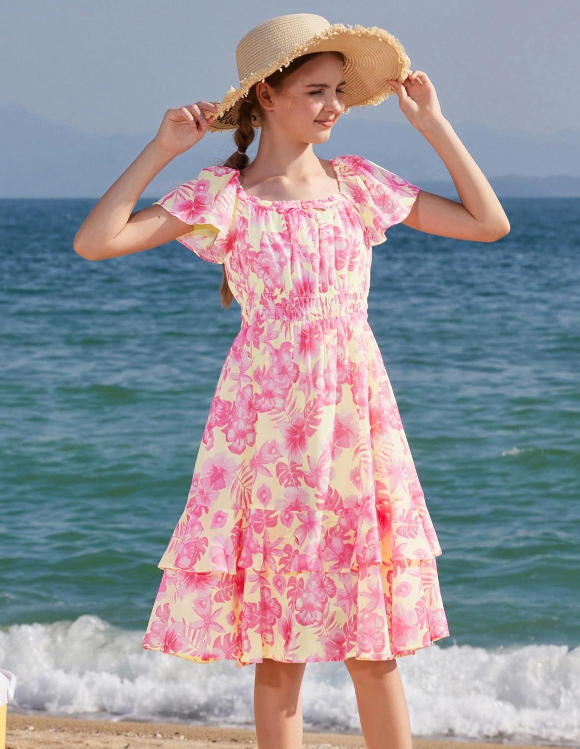 imageGRACE KARIN Girls Floral Summer Dress Flutter Sleeve Square Neck Midi Casual Dress for Girl 614YHot Pink